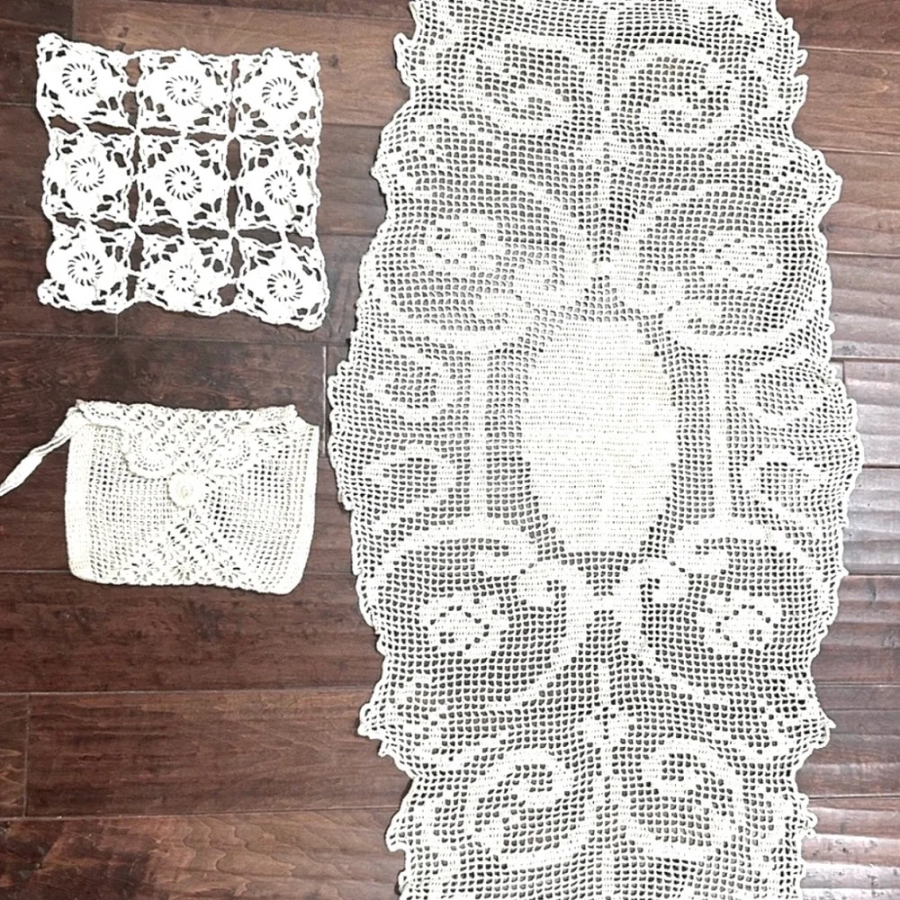 Vintage Crochet Lace Table Linens and Wrist Handbag  Make Up Bag
